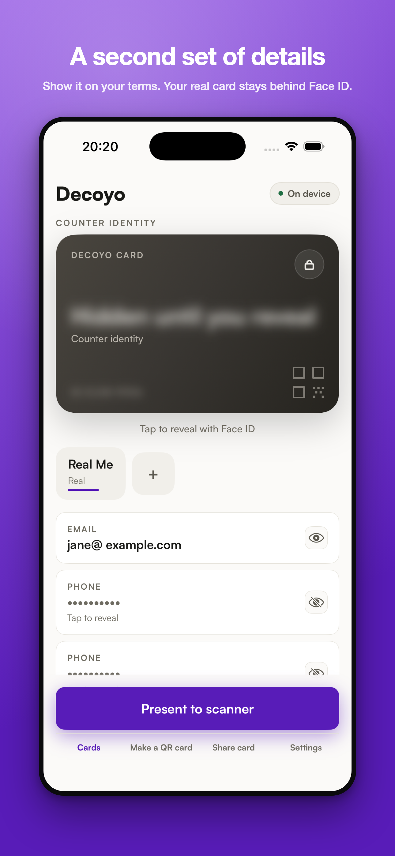 Decoyo present screen showing a counter identity card with an email visible and a phone number hidden