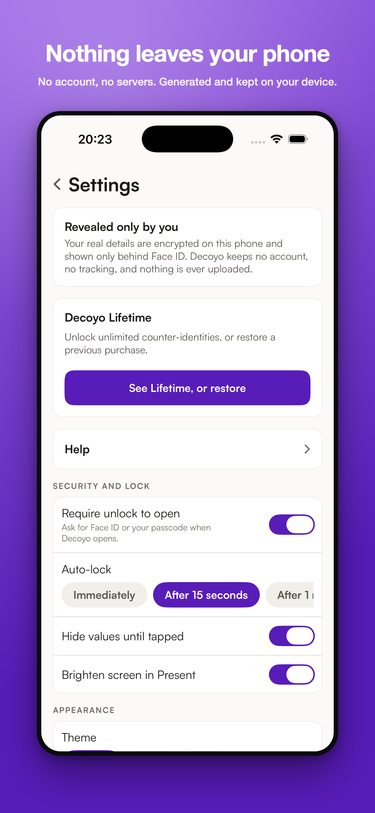 Decoyo settings screen stating real details stay on the phone and appear only behind Face ID