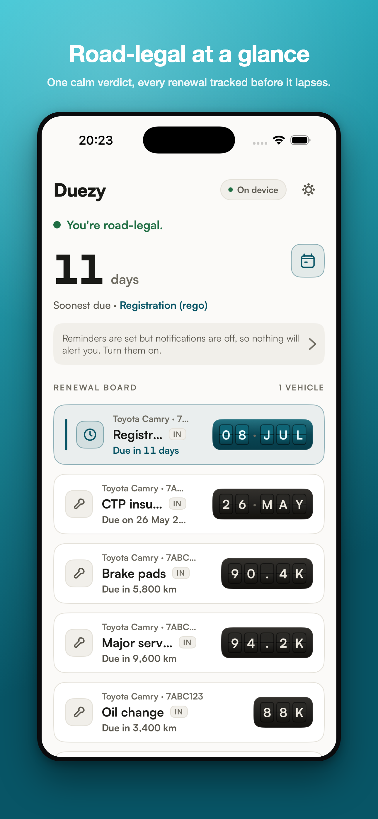 Duezy home screen showing a green you are road legal verdict and a renewal board
