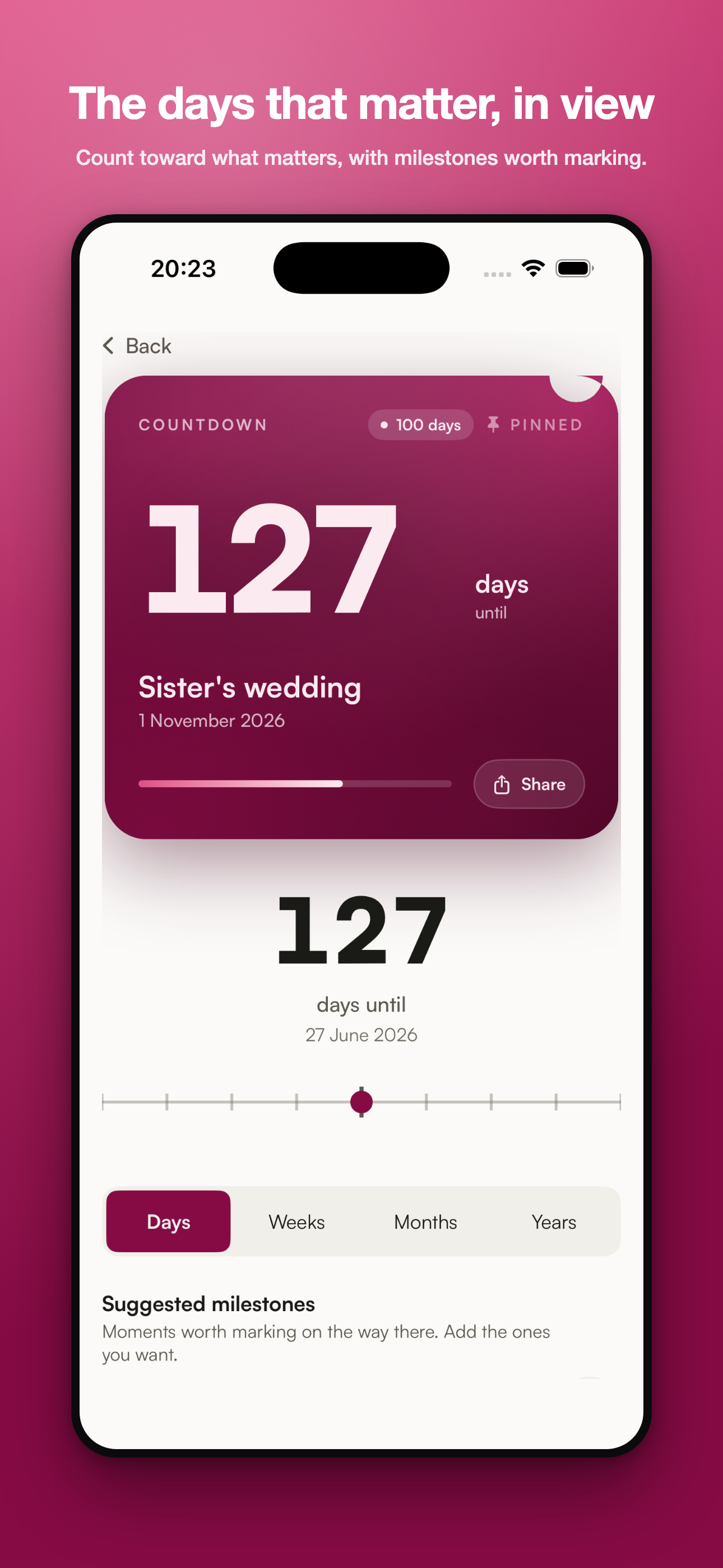 Dwindy pinned countdown card reading 127 days until Sister's wedding with a days weeks months years scale