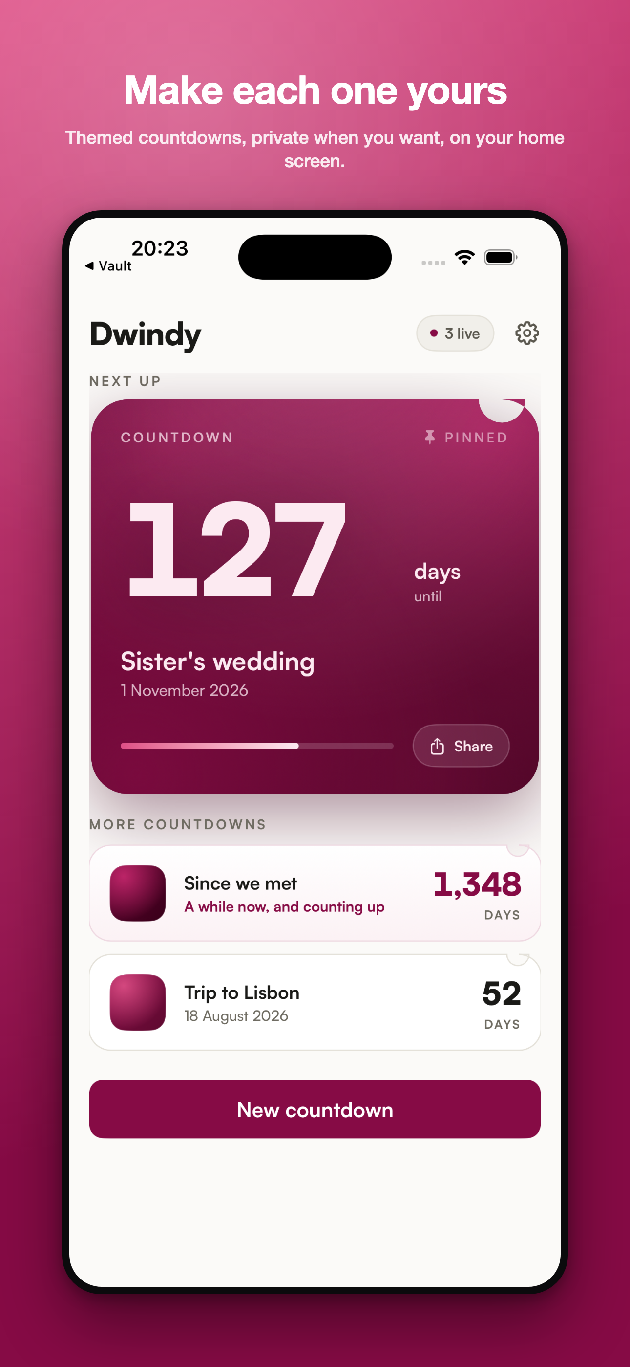Dwindy home screen listing the pinned wedding countdown alongside other live countdowns