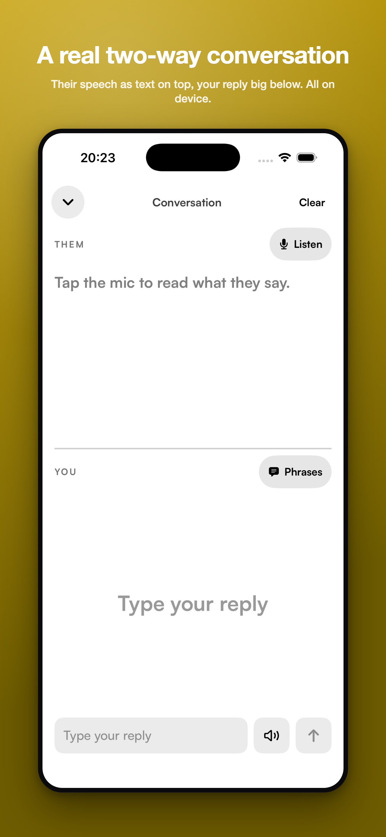 Floomp conversation view with their speech as text on top and a reply box below