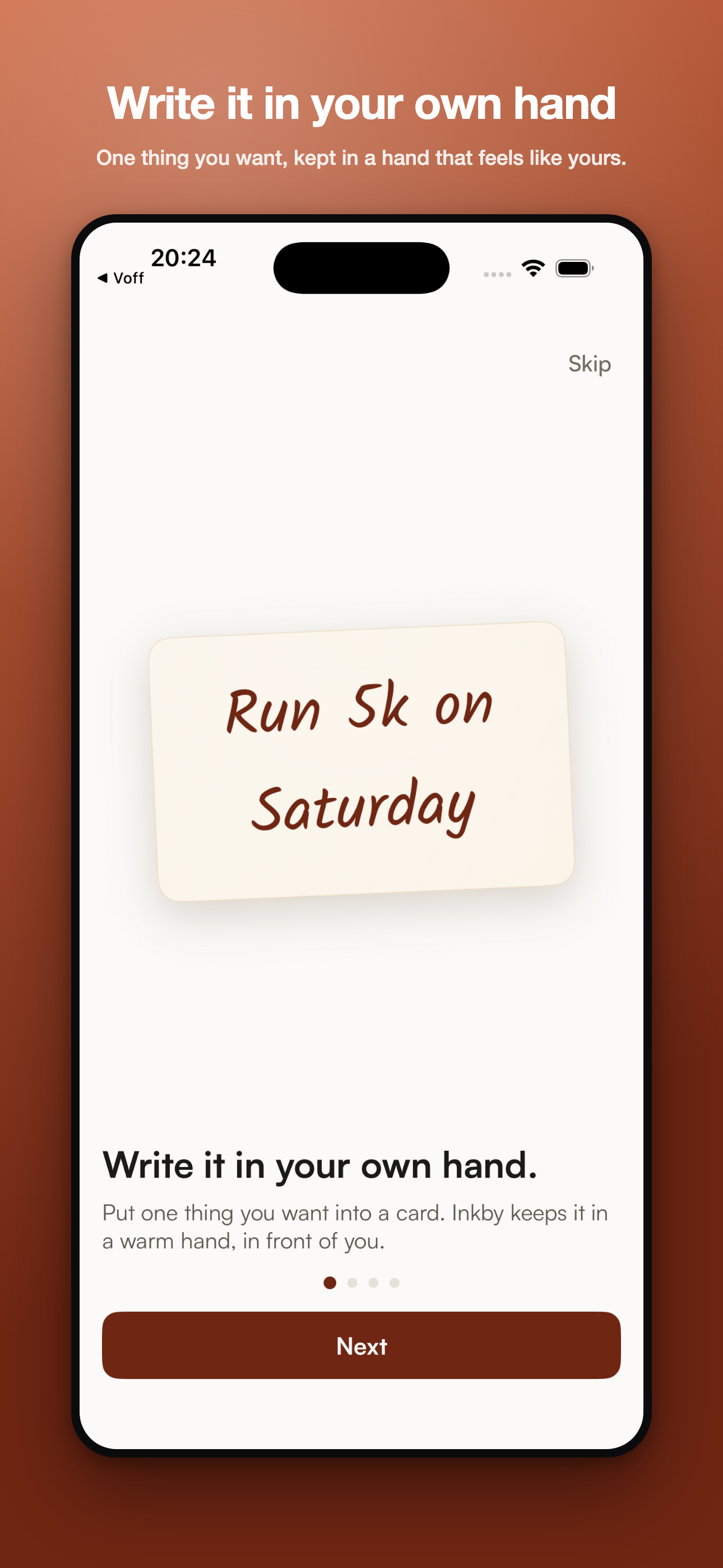 Inkby onboarding screen showing a handwritten card reading Run 5k on Saturday