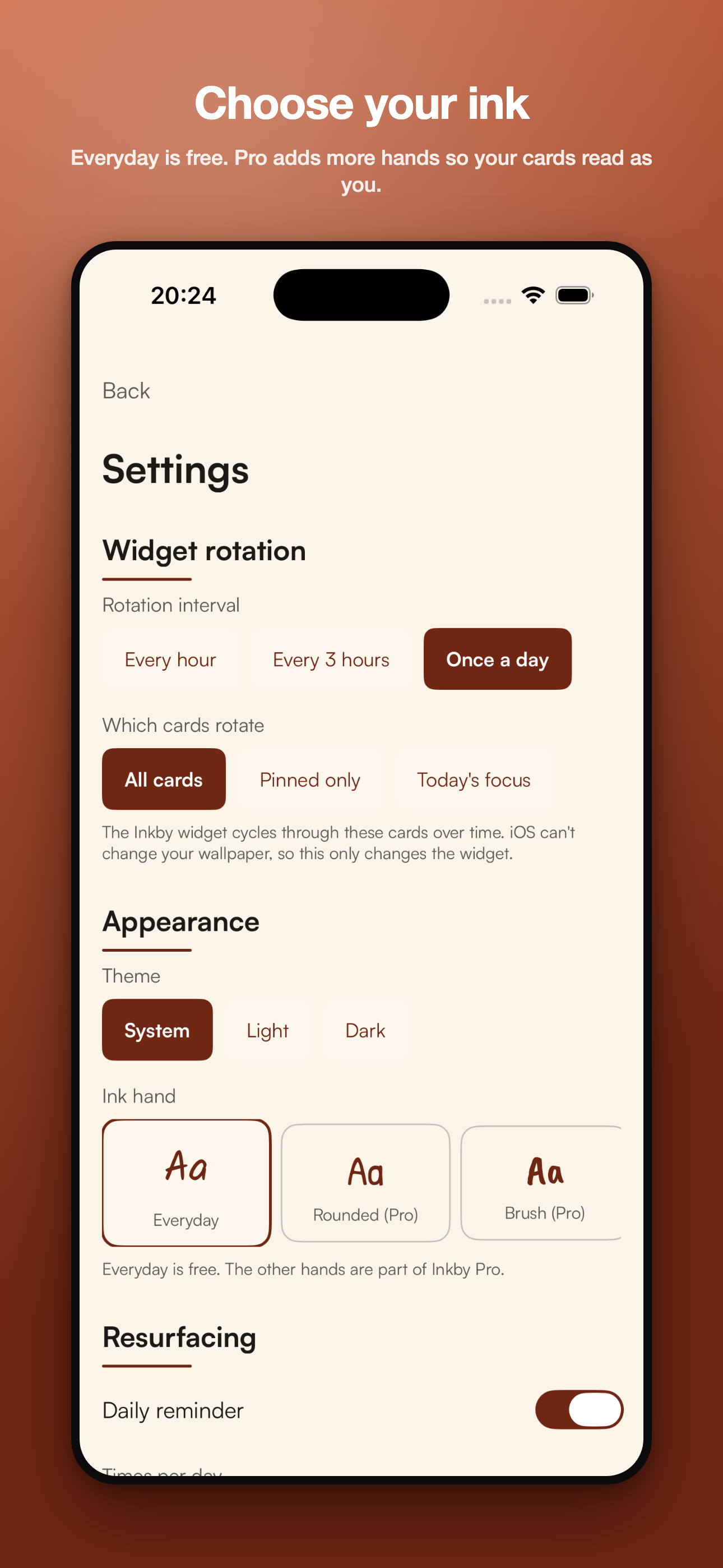 Inkby settings screen showing widget rotation, appearance theme, and the ink hand picker
