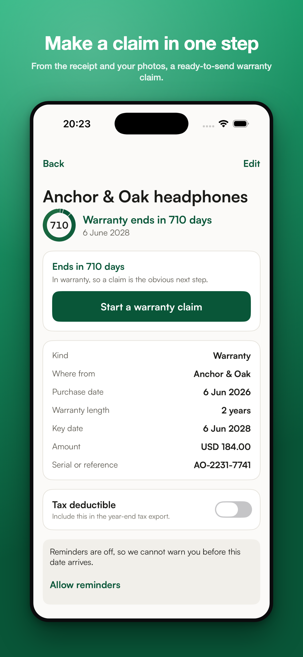 Vault warranty detail for Anchor and Oak headphones with a start a warranty claim button