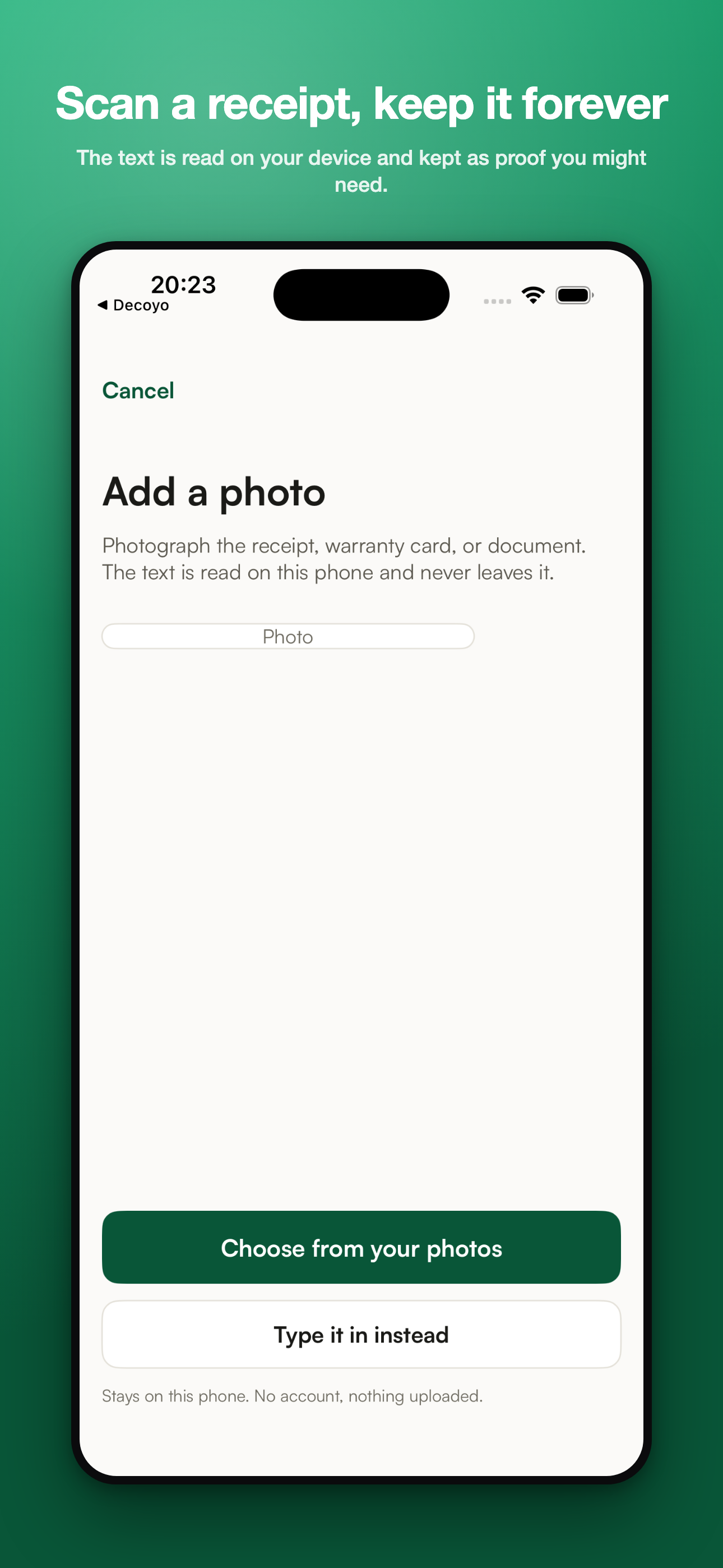 Vault add a photo capture screen with a choose from your photos button
