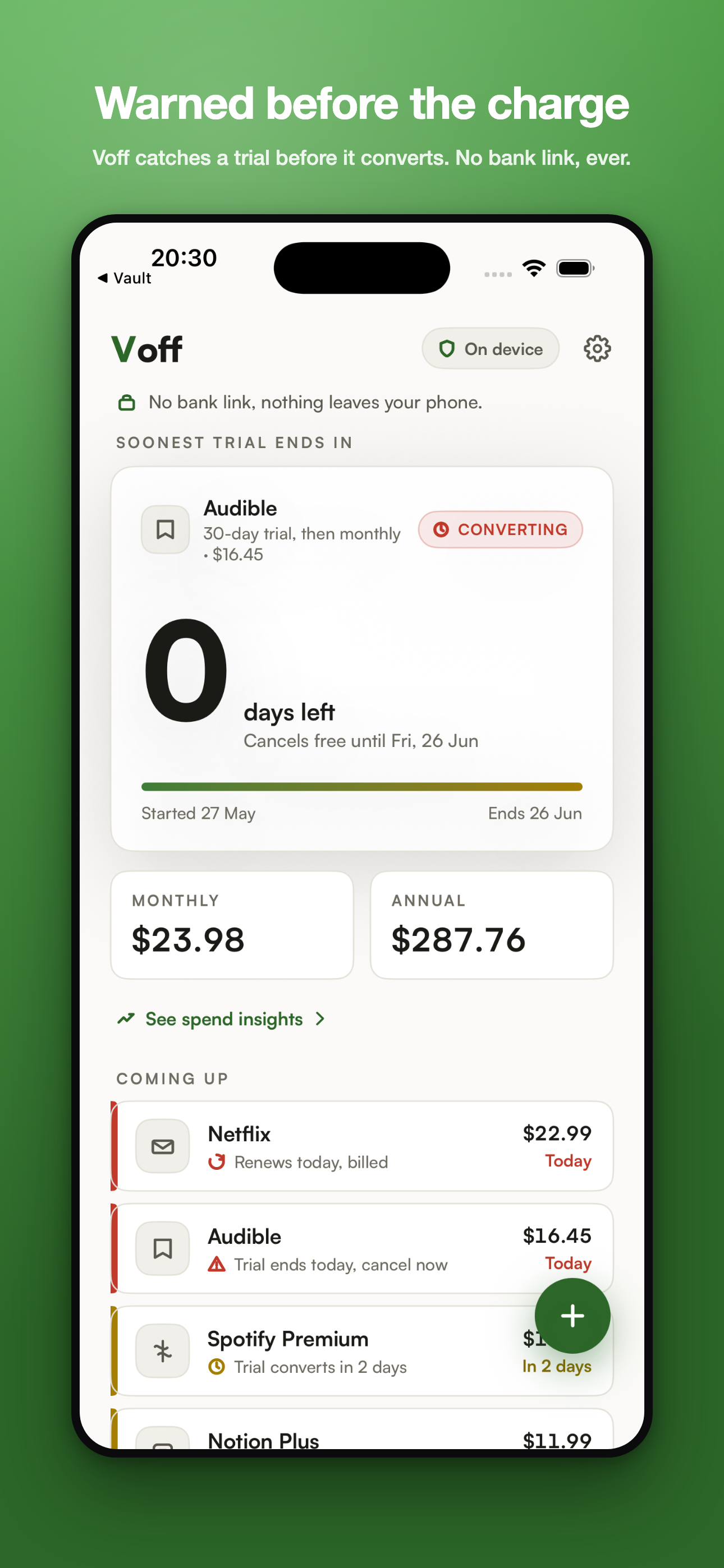 Voff home screen showing an Audible trial with zero days left and a coming up list
